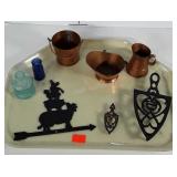 Small Copper toned pitcher and buckets, trivets,
