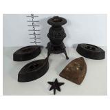 Cast iron group, irons, wall hook, potbelly stove