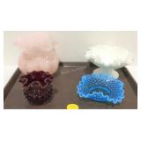 Decor glassware- pink ruffled edge vase, two