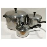 Three faberware pots with lids