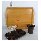 Vintage kitchenwares: tray, pitchers, and baking