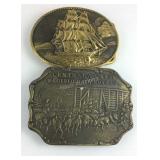 Two belt buckles one brass with ships and Central