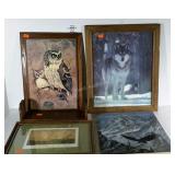 Wall art and book rest. Four prints, some framed.