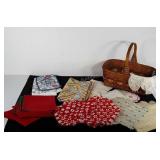 Kitchen linens and woven basket. Some Christmas