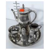 Metalware service pieces.  Pewter Tea pot, cream