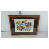 Crewel needlework,  "God Bless Our Home", under