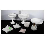 Milk glass lot: large bowl, 2 grapevine pedestal