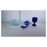 Blue glass lot: art glass bowl, dolphin figurine,
