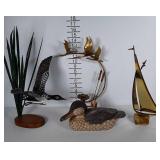 Water themed group: loon figure, wooden duck (has