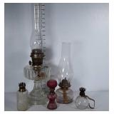 Oil lamp lot: lamp with extra tall chimney is