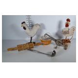 Country kitchen items: 2 wooden roosters, small