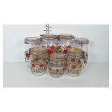 Glass canisters with flower design, seven, some