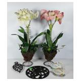 Everlasting flowers, cast iron trivets and two