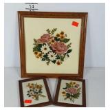 Crewel floral needleworks,  two 6x8 and one 14x14