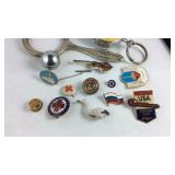Trinket lot with buttons, pins, advertising etc