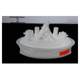 Milk glass Uncle Sam on ship candy dish. Has a