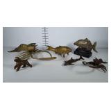 Brass water animal figurines and brass dog. Fish,