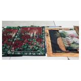 Textiles, six wall hangings on poles, two holiday