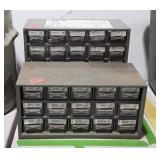 Two metal hardware bins and contents