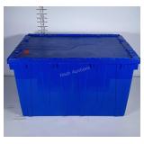 Blue poly storage container with fold in lid.
