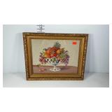 Still life needlepoint in ornate frame, 21 x 17