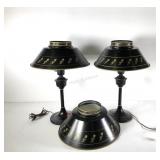 Pair of toleware lamps with an extra shade, 22"