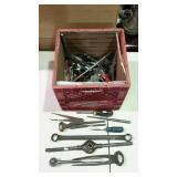 Milk crate with assorted hand tools. Wrenches,