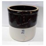 2 gallon brown over white crock, few chips