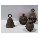 4 brass bells, one missing clapper