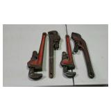 Four RIDGID pipe wrenches, 12" & 14".