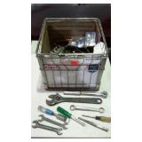 Milk crate with assorted hand tools. Wrenches,