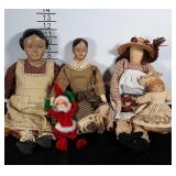 Doll lot: 2 with porcelain heads, 2 all fabric