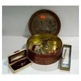 Currier and Ives tin with several watches and
