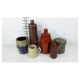 Stoneware, bottles, crocks, mug and tin pail