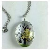 Pressed flower necklace with butterfly and tree