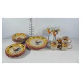Rooster dishware, service for four, less one wine