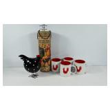 Rooster and chicken decor, four matching mugs,