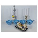 Colorful kitchenwares, cow covered butter dish,