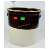 Six gallon crock, brown over white with dog ear