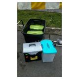 Black plastic tote with four smaller file totes