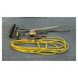 Garden tools and snow scrappers. Hose, shovel,