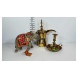 Brass dallah pot, candleholder and painted wooden