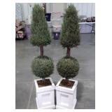 Pair of artificial topiaries in planter boxes,