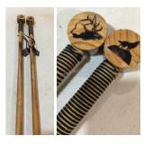 Two pyrographed hiking sticks 55in wolf and elk
