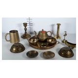 Brass lot: tray, tea pot,  mug, candlesticks,
