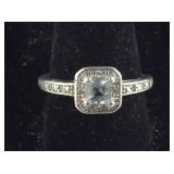 925 Sterling Aquamarine Halo Ring SIZE 8