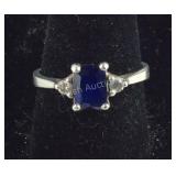 925 Sterling Emerald Cut Blue Stone Ring SIZE 7.5