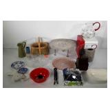 Ceramic vases, glass cake plate, metal cut work