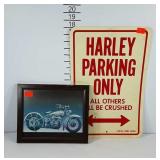 Harley Davidson parking poly sign and a framed