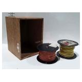 Wooden box and two spools of cable-wire